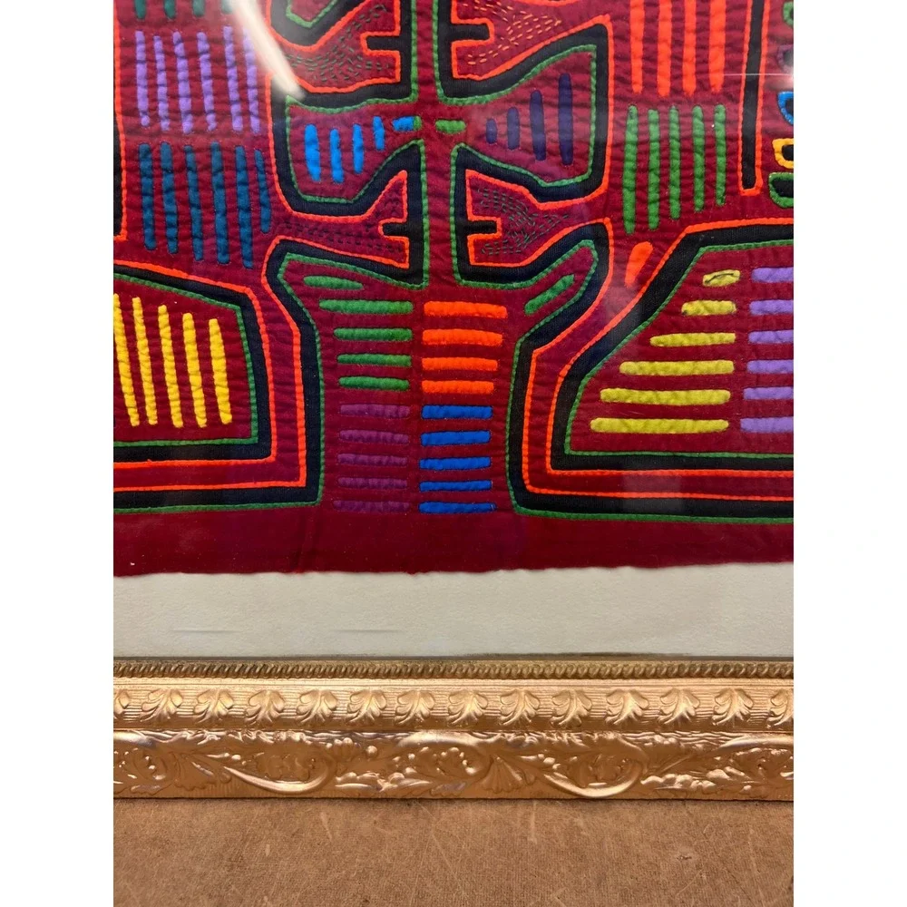 Vintage Cloth Tapestry Ornate Gold Gilt Framed Mola Kuna Textile Panama Folk Art